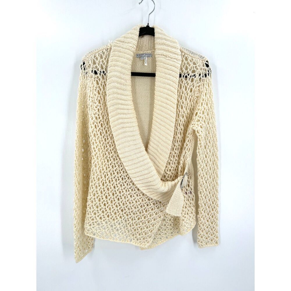 ALBERTO MAKALI Ivory Knit Wrap Rhinestone Pendant Wool Sweater Cardigan Large